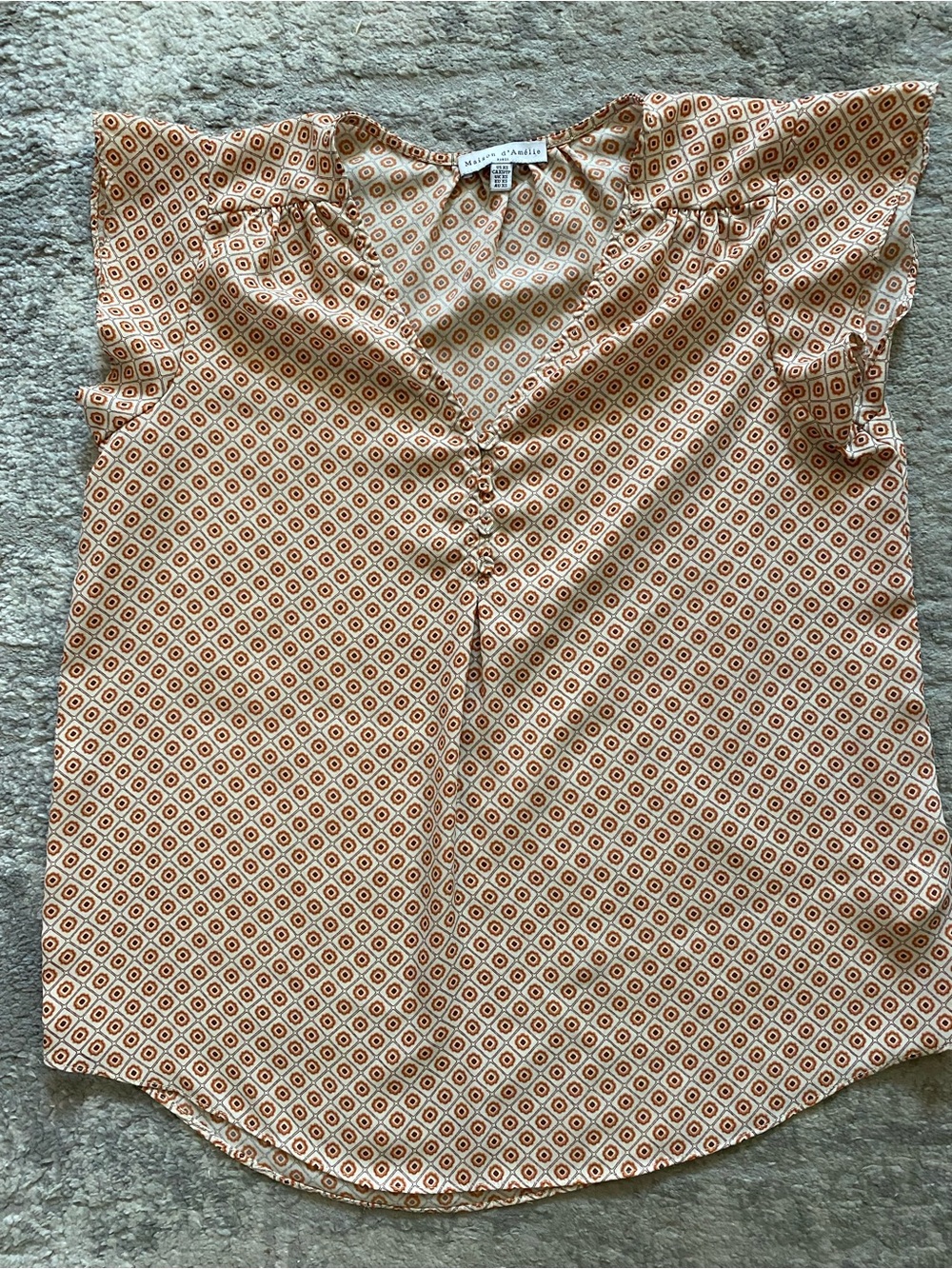 Maison d’Amelie Geo-Print V-Neck Flutter Sleeve Top in Orange and Cream